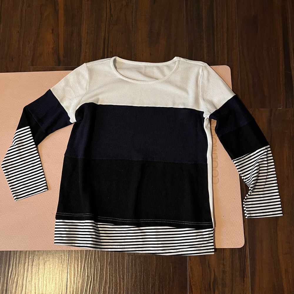 Striped Colorblock Long Sleeve Top - White, Navy, Black